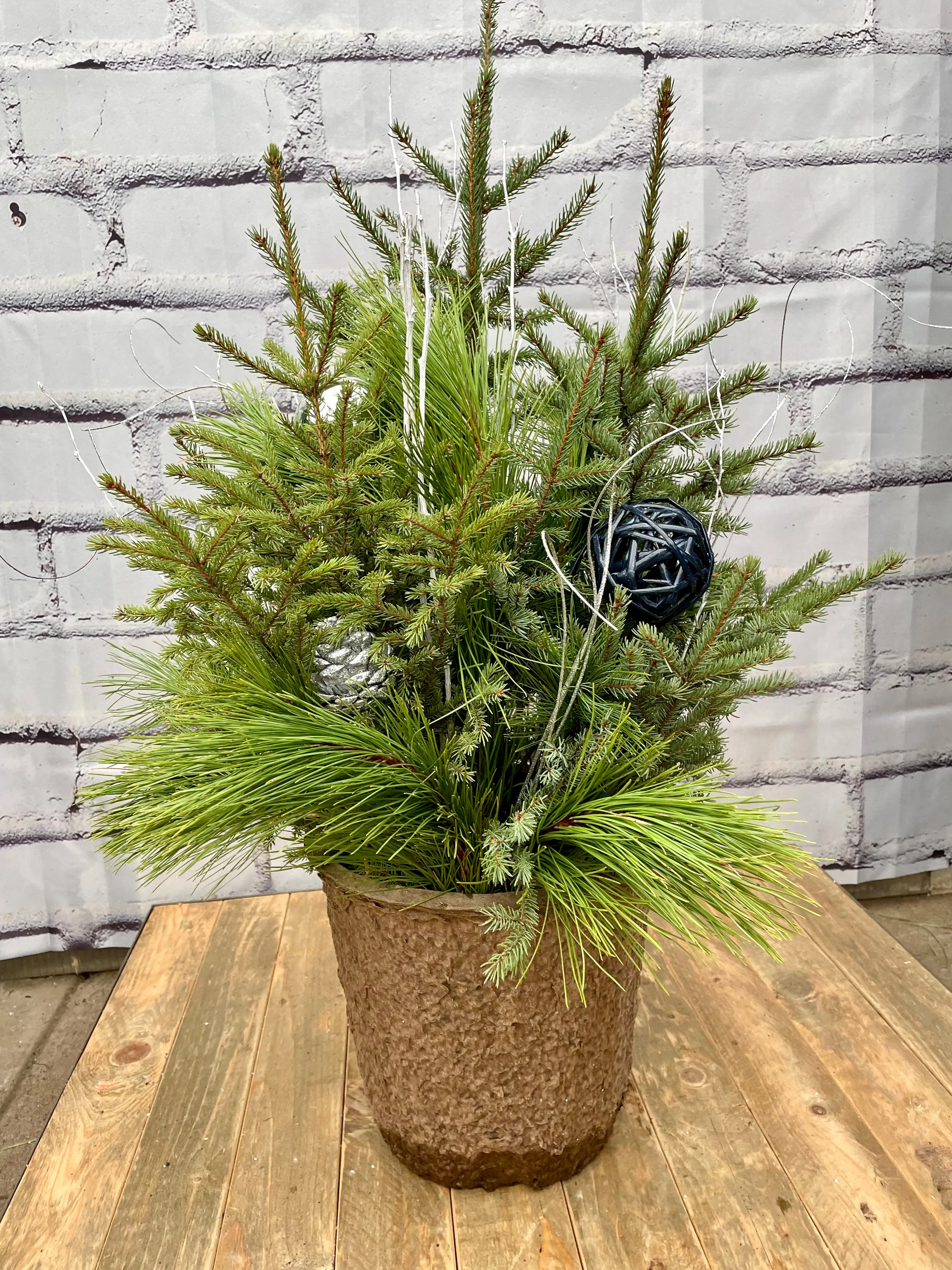 10" spruce top pot - winter wonderland