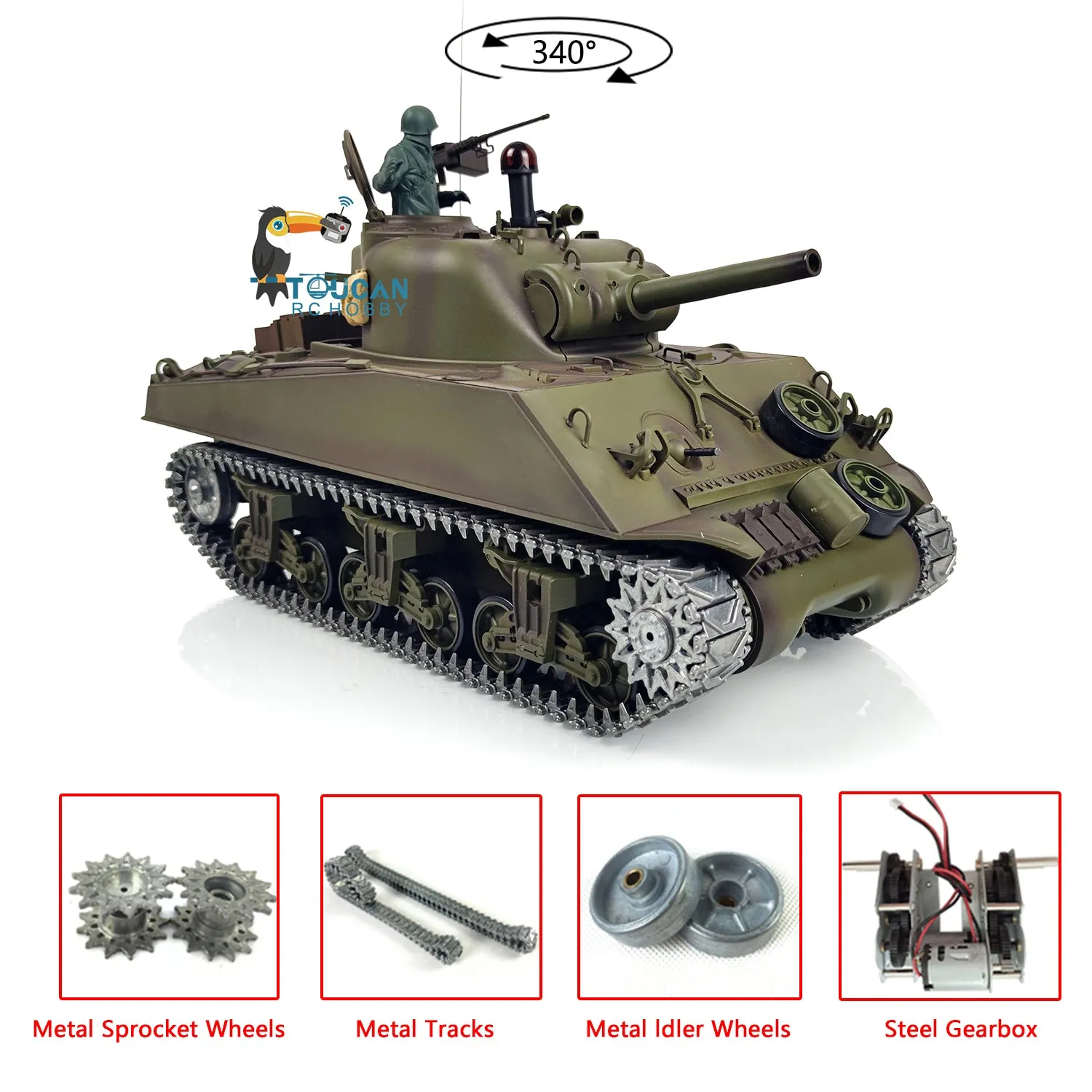 2.4G Henglong 1/16 Scale 7.0 Upgraded M4A3 Sherman RTR Radio Control Tank 3898 Metal Tracks Engine Sound BB Shooting Gearbox