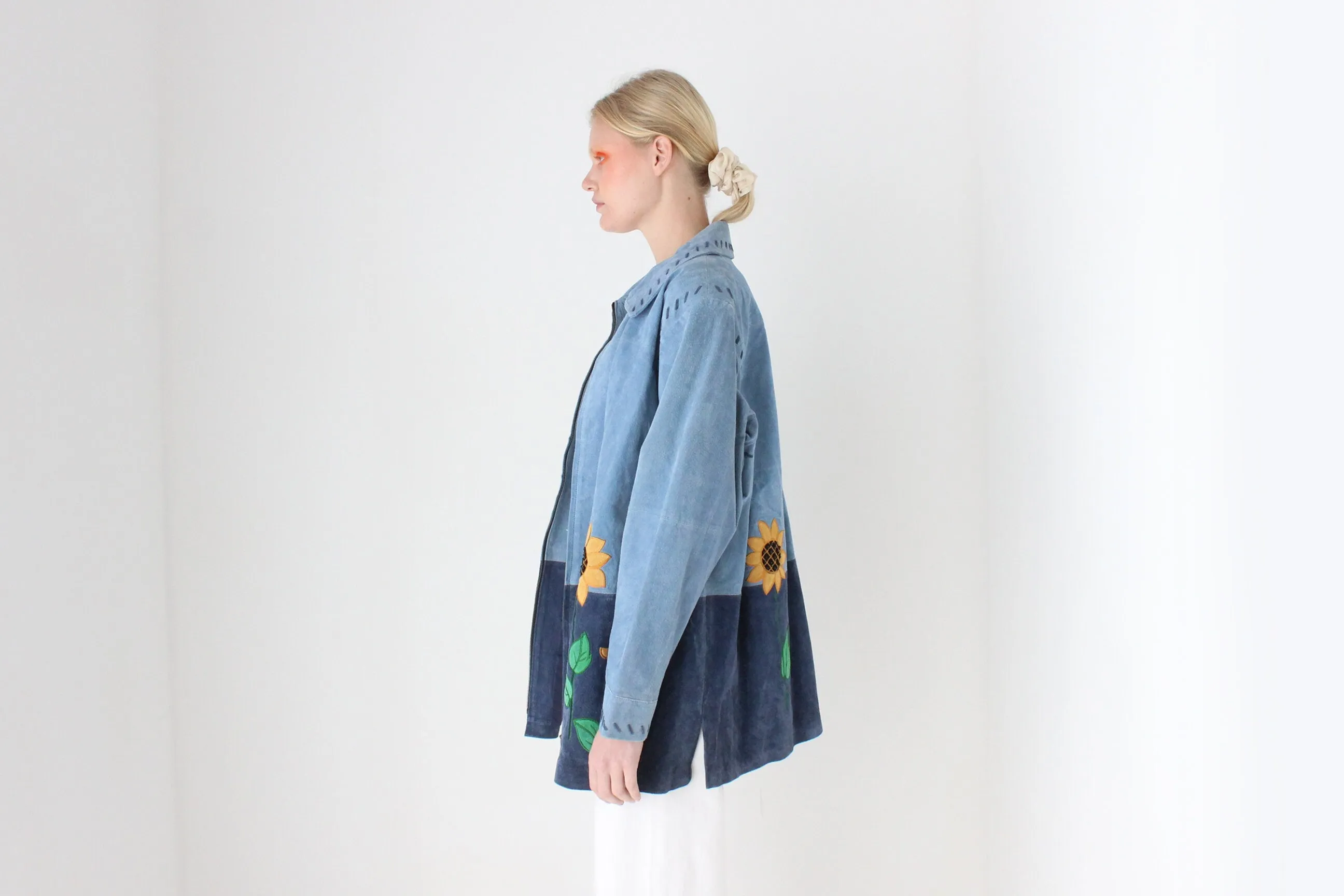 90s Suede Sunflower Patchwork Oversized Zip Front XL Jacket