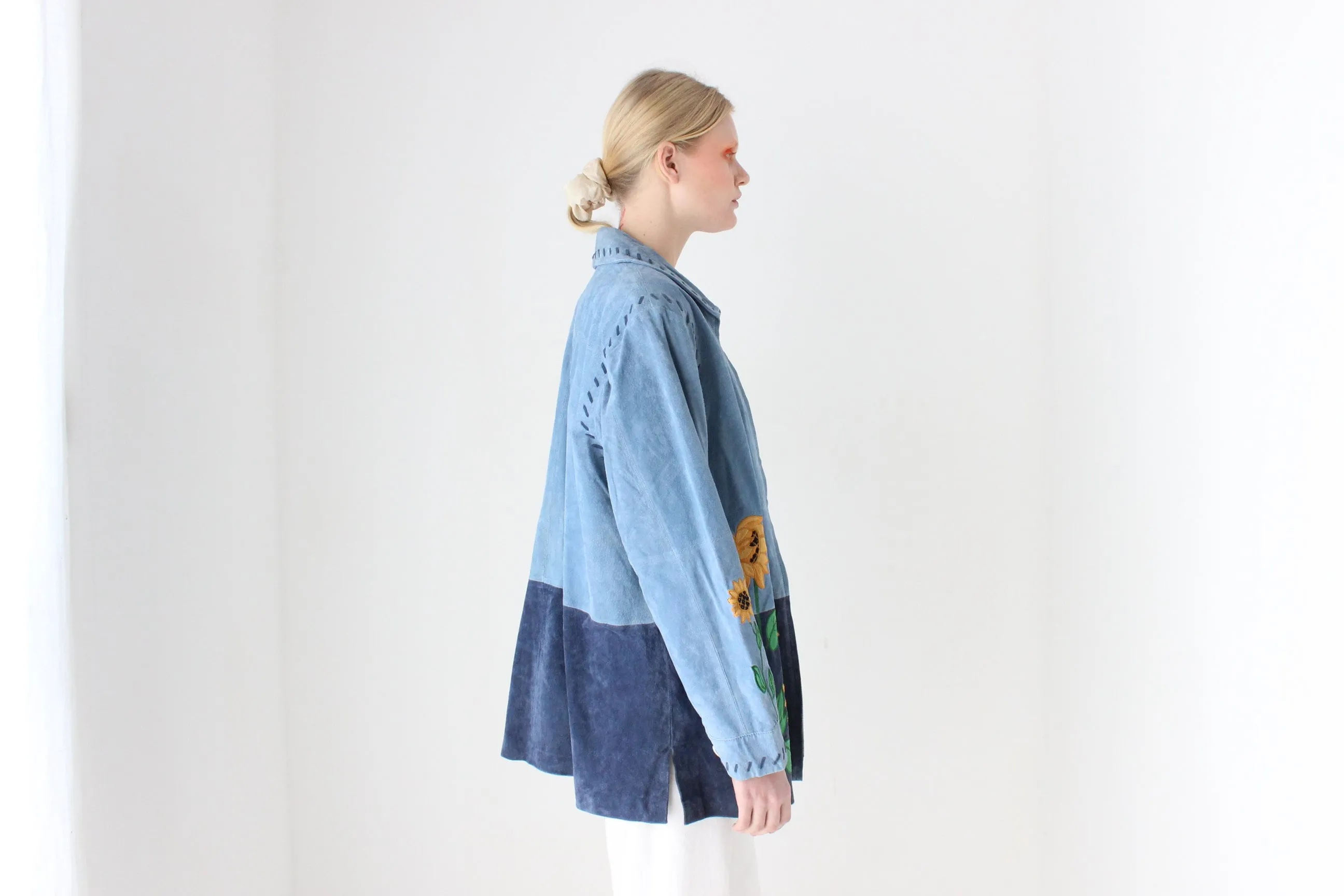 90s Suede Sunflower Patchwork Oversized Zip Front XL Jacket