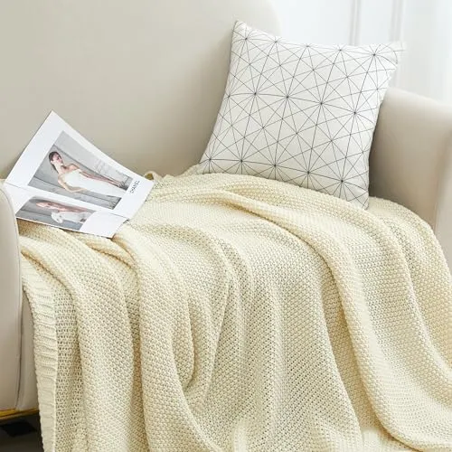 Aganear Knit Throw Blanket for Couch, Chunky Knit Throw Blanket for All Seasons, Soft Comfy Lightweight Cable Knitted Throw Blanket for Living Room Bed Office Travel Boho Room Decor (50"x60", Biege)