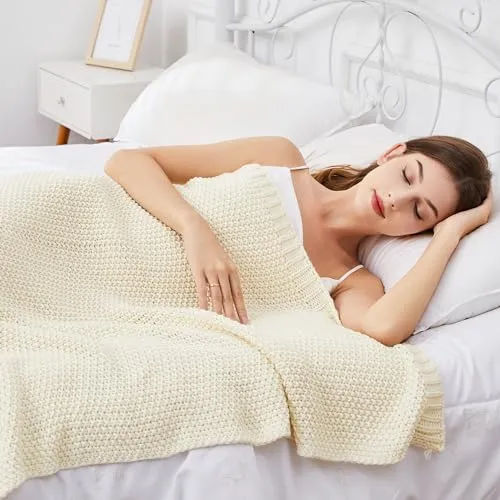 Aganear Knit Throw Blanket for Couch, Chunky Knit Throw Blanket for All Seasons, Soft Comfy Lightweight Cable Knitted Throw Blanket for Living Room Bed Office Travel Boho Room Decor (50"x60", Biege)