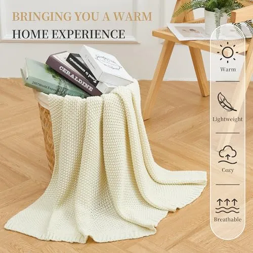 Aganear Knit Throw Blanket for Couch, Chunky Knit Throw Blanket for All Seasons, Soft Comfy Lightweight Cable Knitted Throw Blanket for Living Room Bed Office Travel Boho Room Decor (50"x60", Biege)
