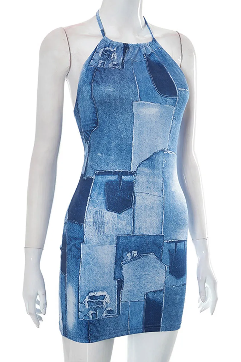 BD926 Denim Print Halter Mini Dress