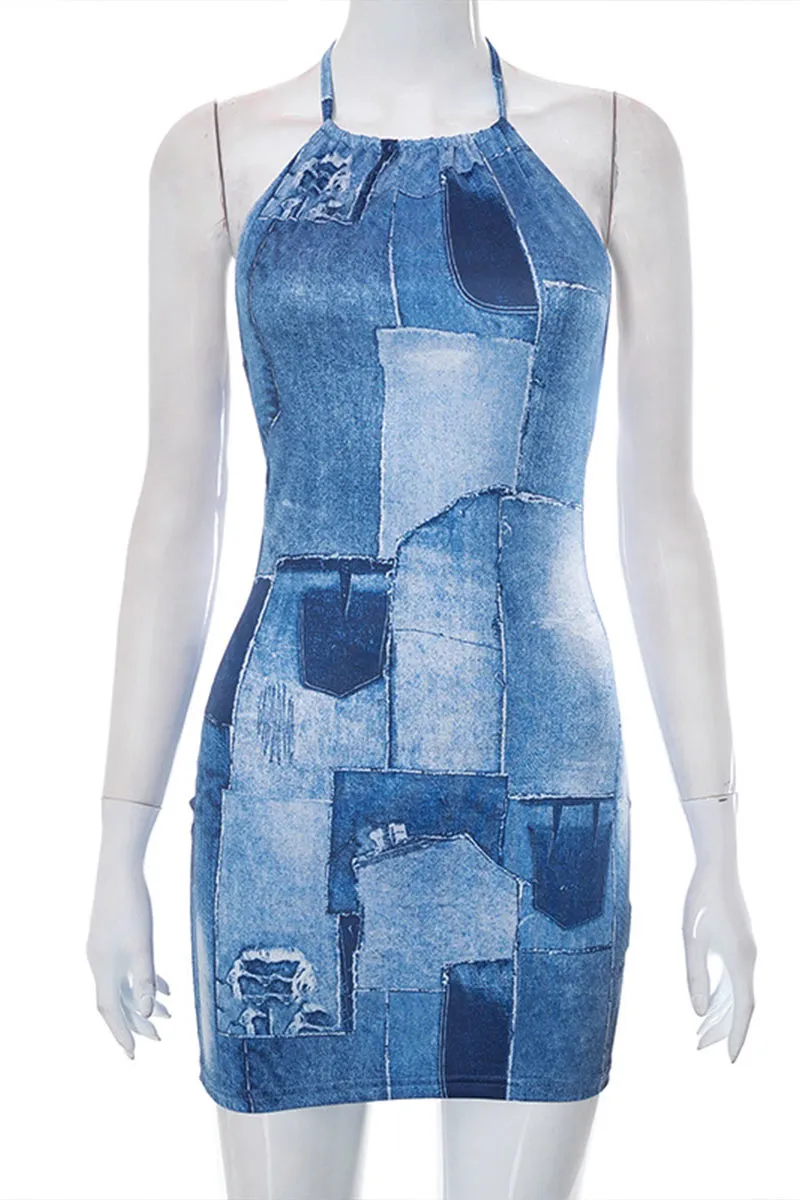 BD926 Denim Print Halter Mini Dress