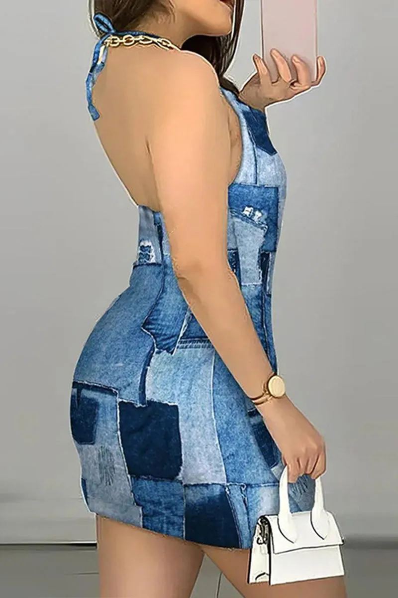 BD926 Denim Print Halter Mini Dress