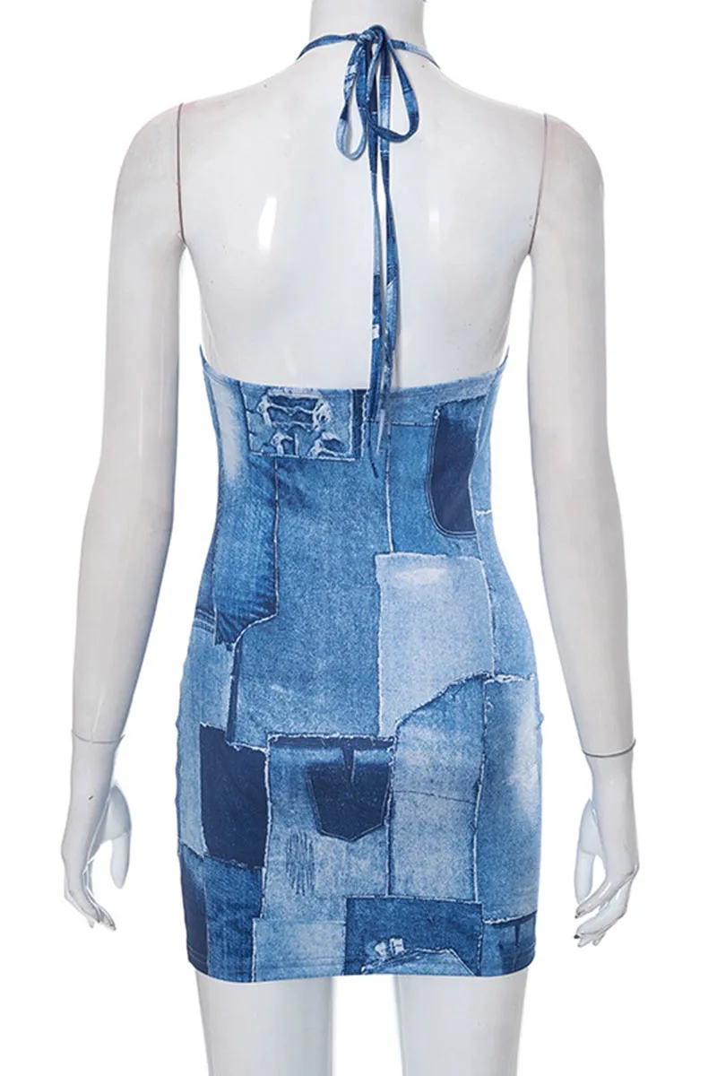 BD926 Denim Print Halter Mini Dress