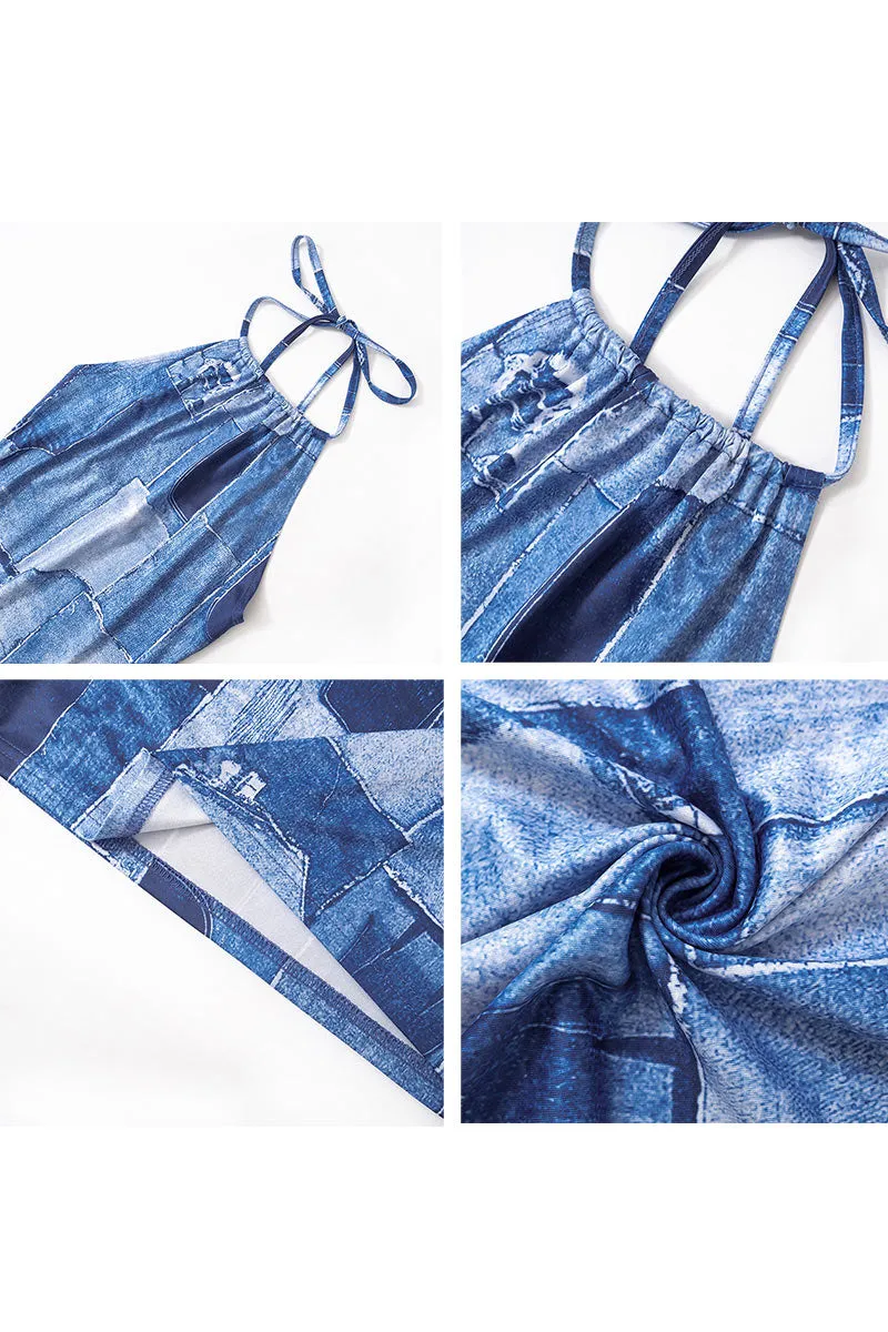 BD926 Denim Print Halter Mini Dress