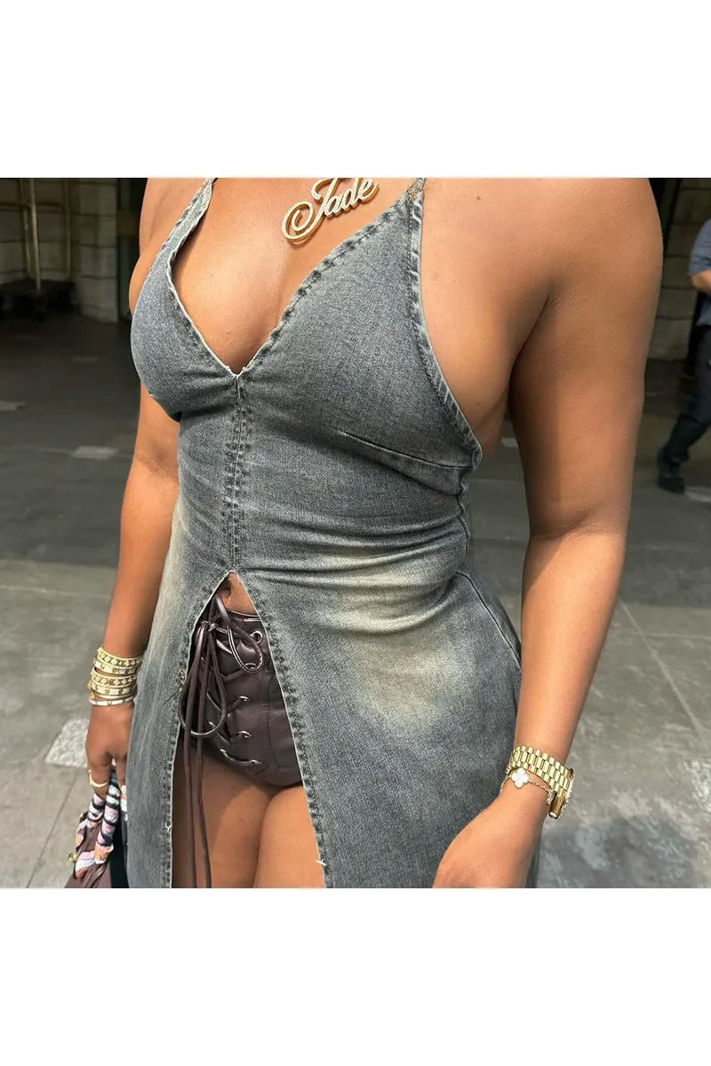 BQ3250 Halter Denim Tail Dress