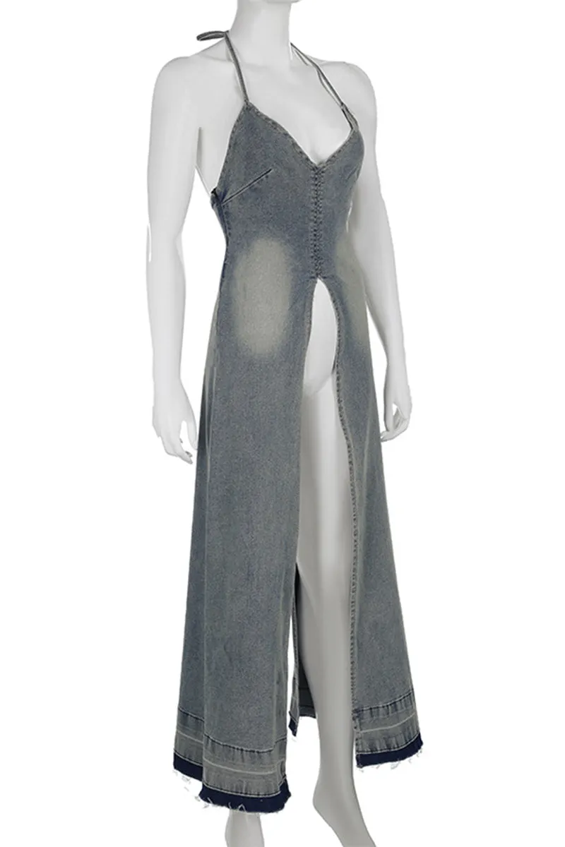 BQ3250 Halter Denim Tail Dress