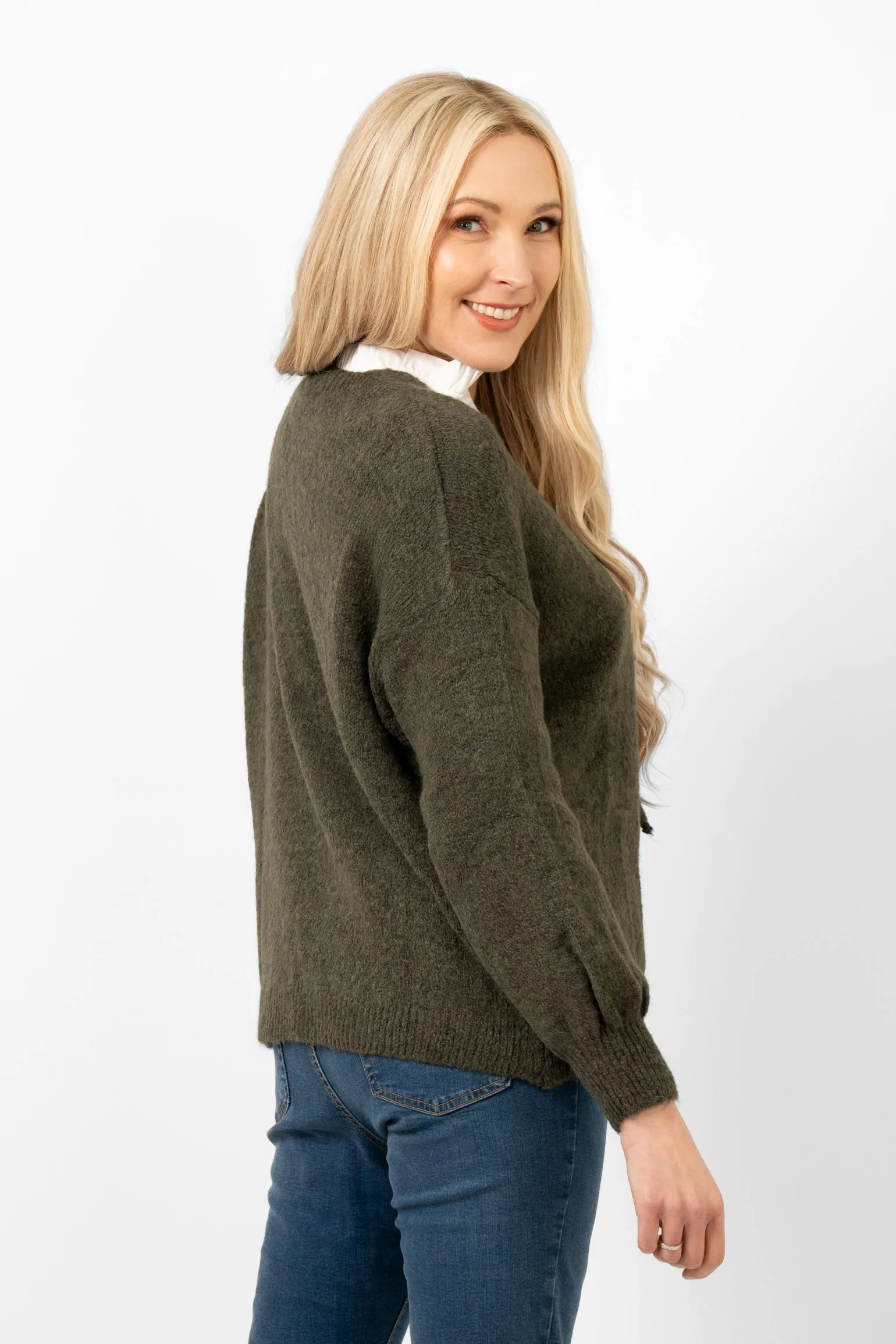Cassidy Tie Front Wool Blend Cardigan - Khaki
