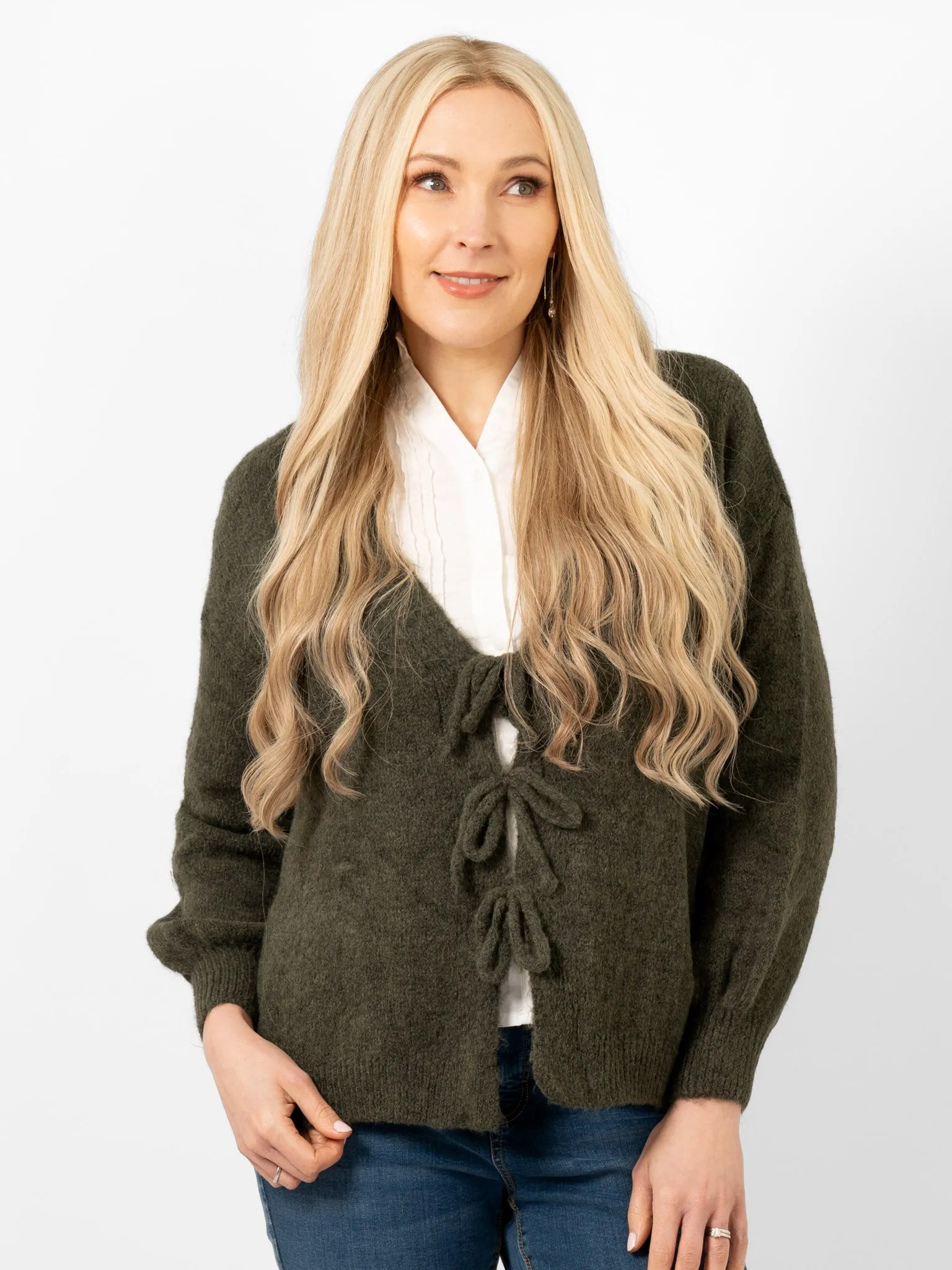 Cassidy Tie Front Wool Blend Cardigan - Khaki