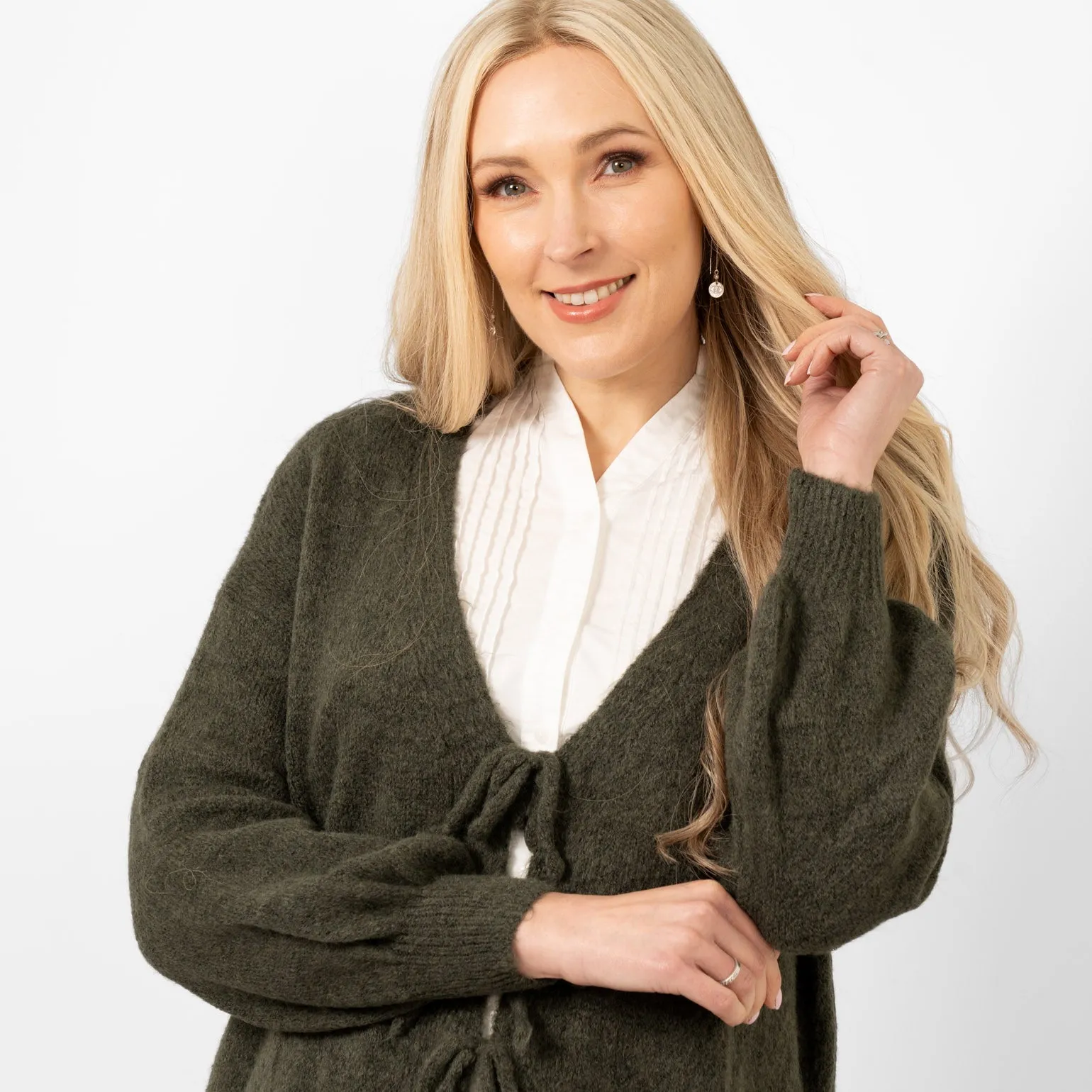 Cassidy Tie Front Wool Blend Cardigan - Khaki