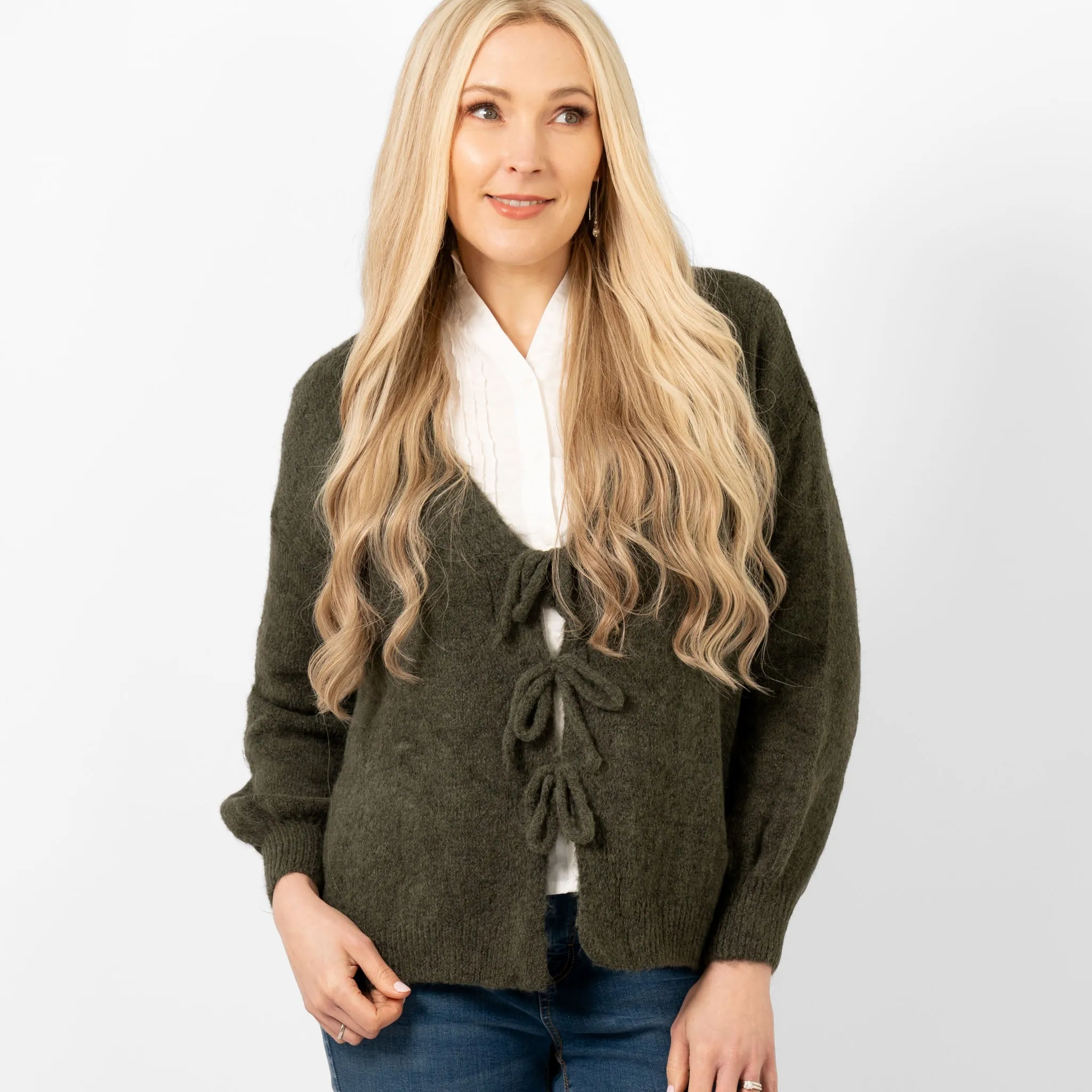 Cassidy Tie Front Wool Blend Cardigan - Khaki