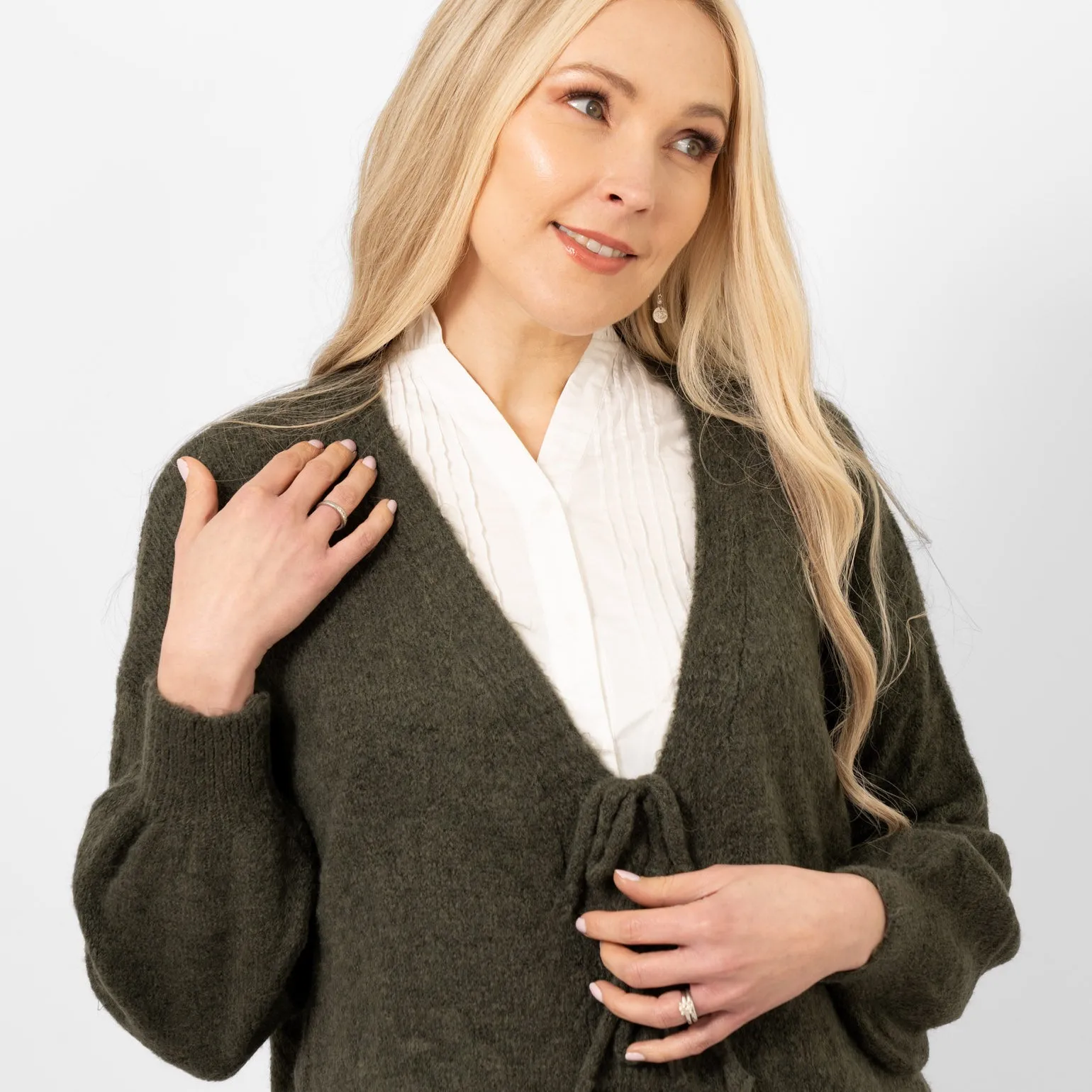 Cassidy Tie Front Wool Blend Cardigan - Khaki