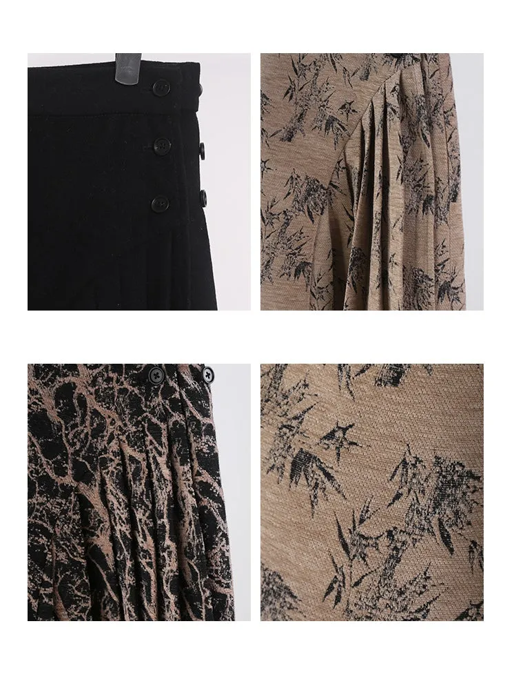 Chinese Style Pleated Adjustable Waist Skirt