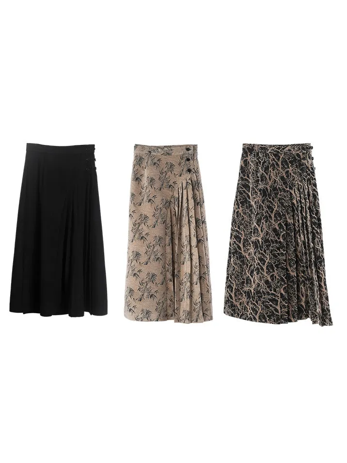 Chinese Style Pleated Adjustable Waist Skirt