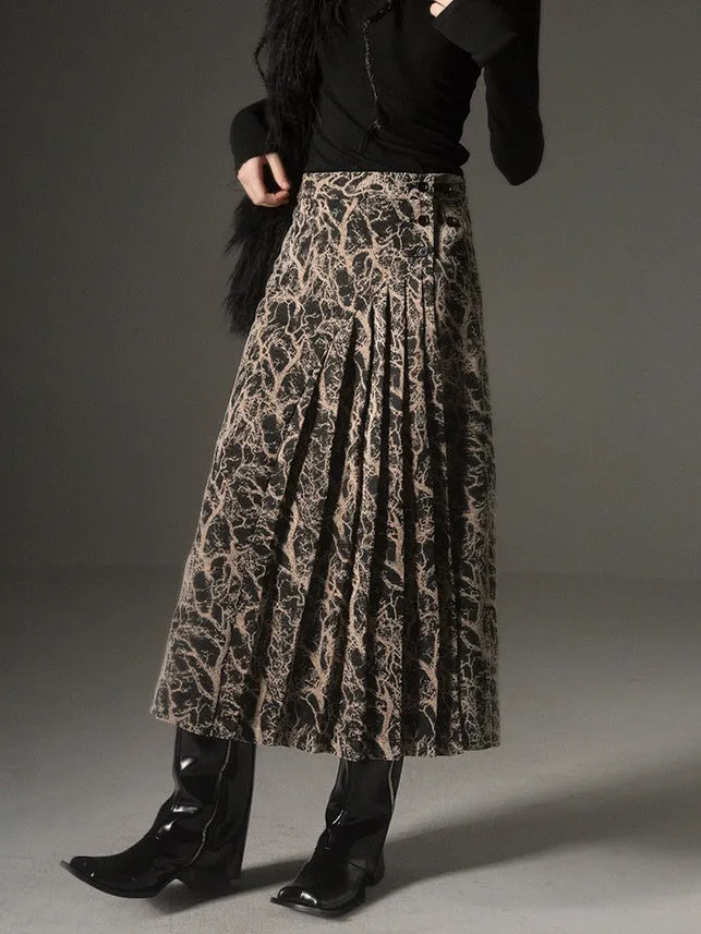 Chinese Style Pleated Adjustable Waist Skirt