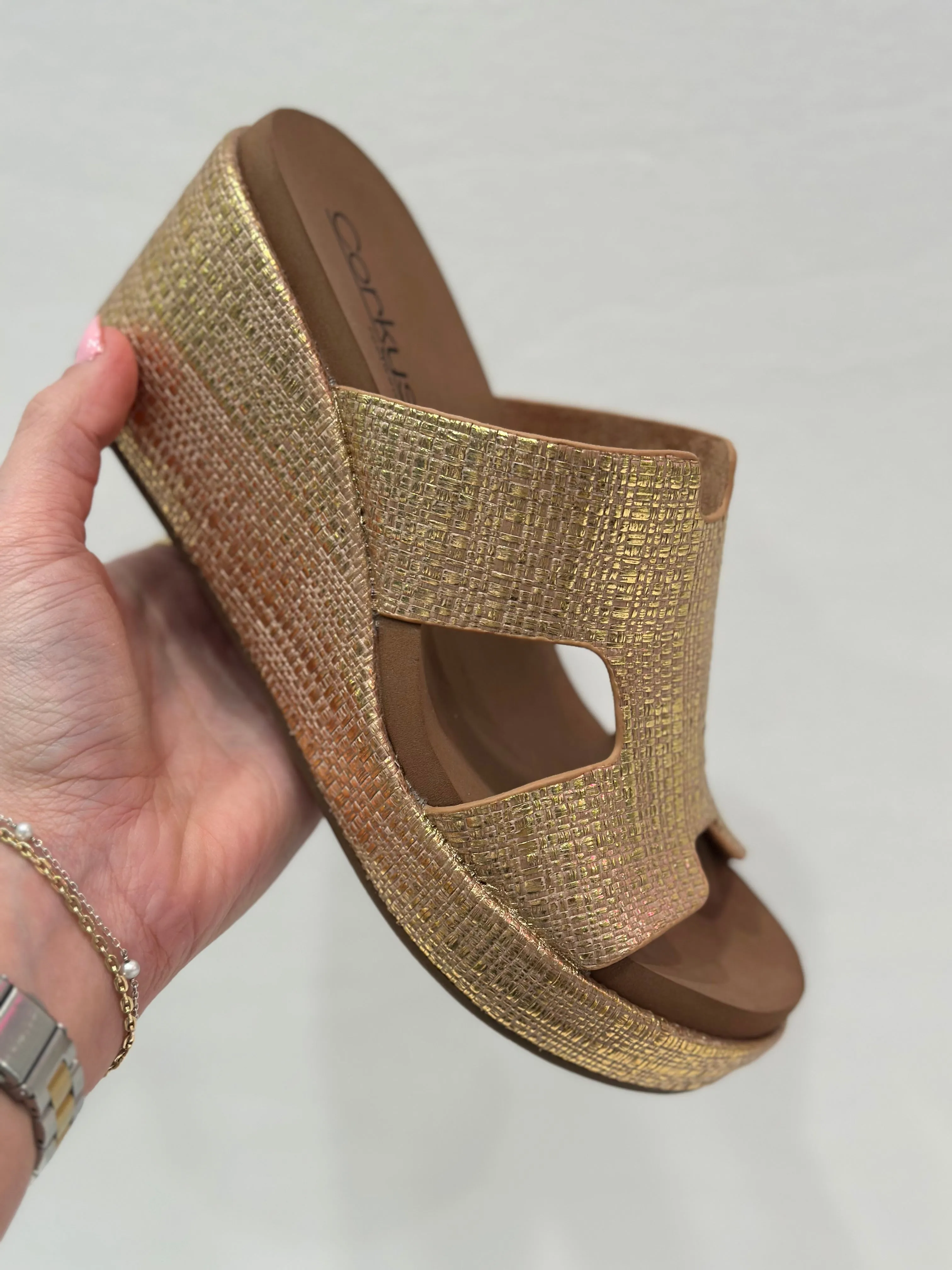 Corky's Puckered Up Wedges - Gold Raffia