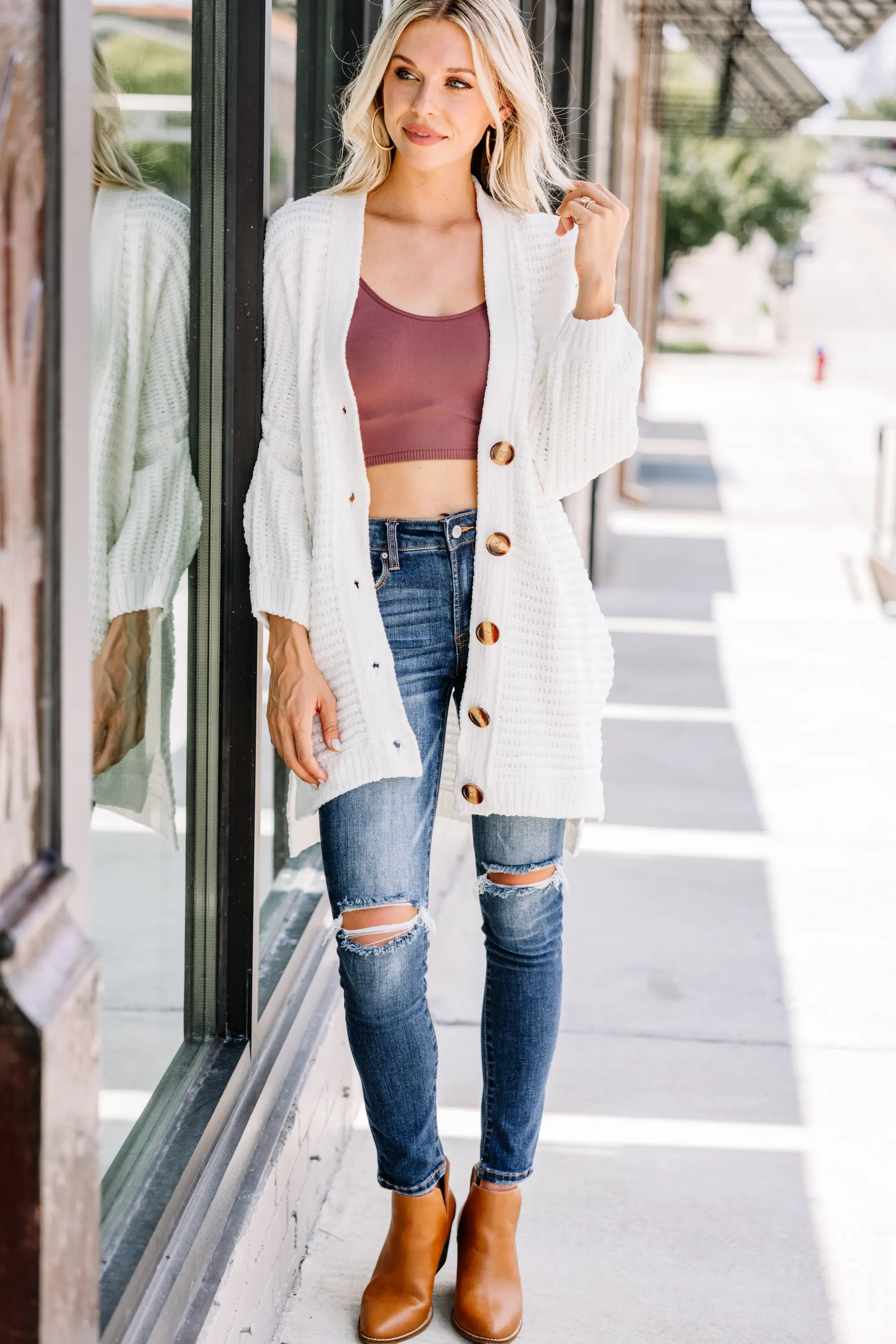 Created Comfort Ivory White Chenille Cardigan