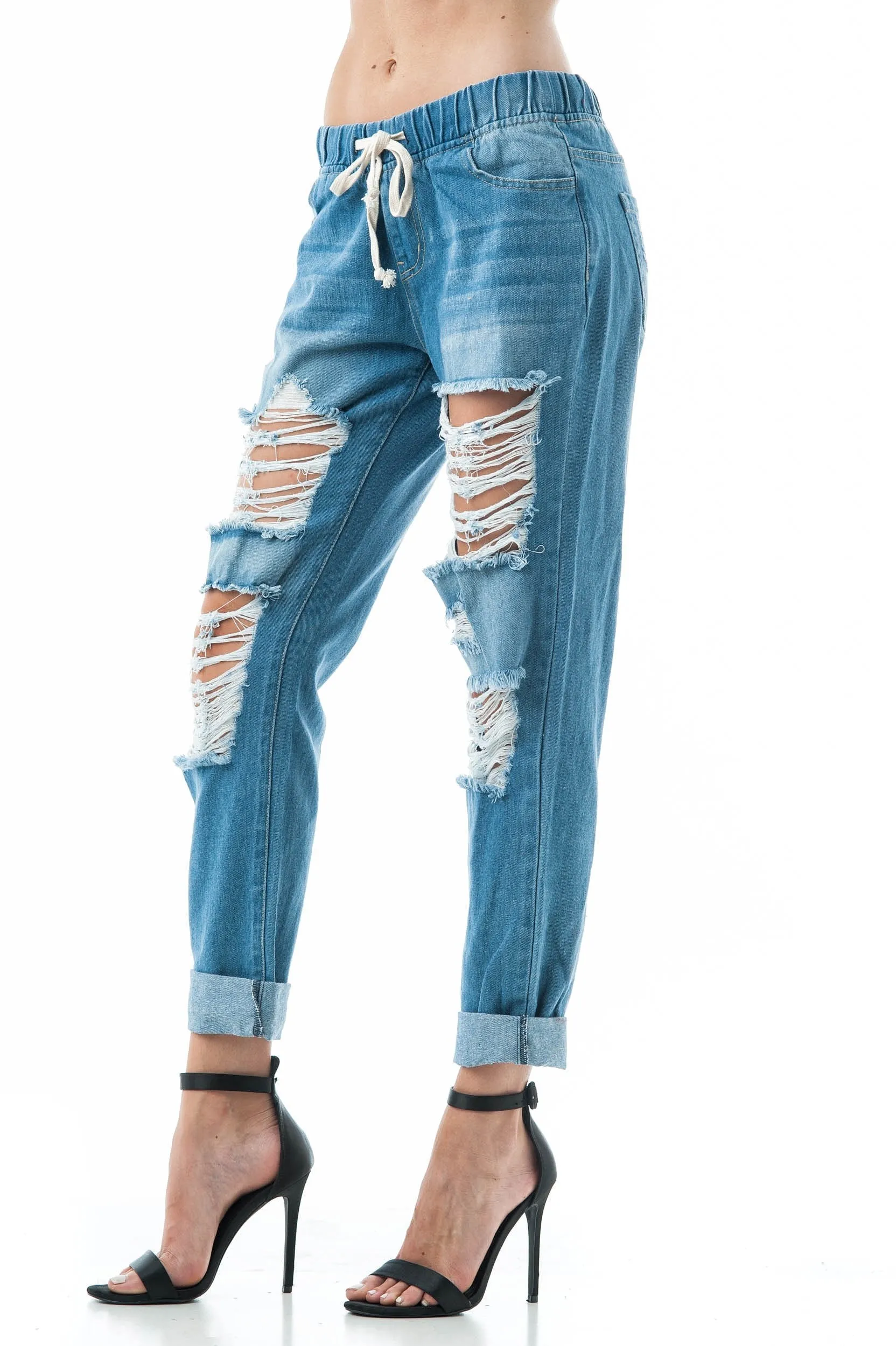 Drawstring Waist Ripped Distressed Loose Fit Boyfriend Jeans