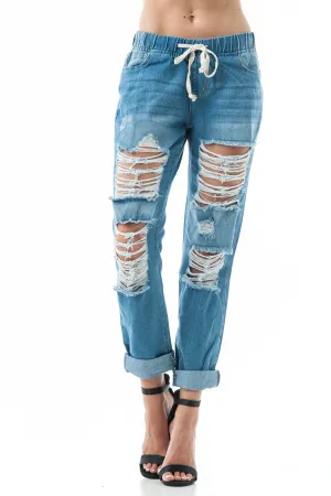 Drawstring Waist Ripped Distressed Loose Fit Boyfriend Jeans