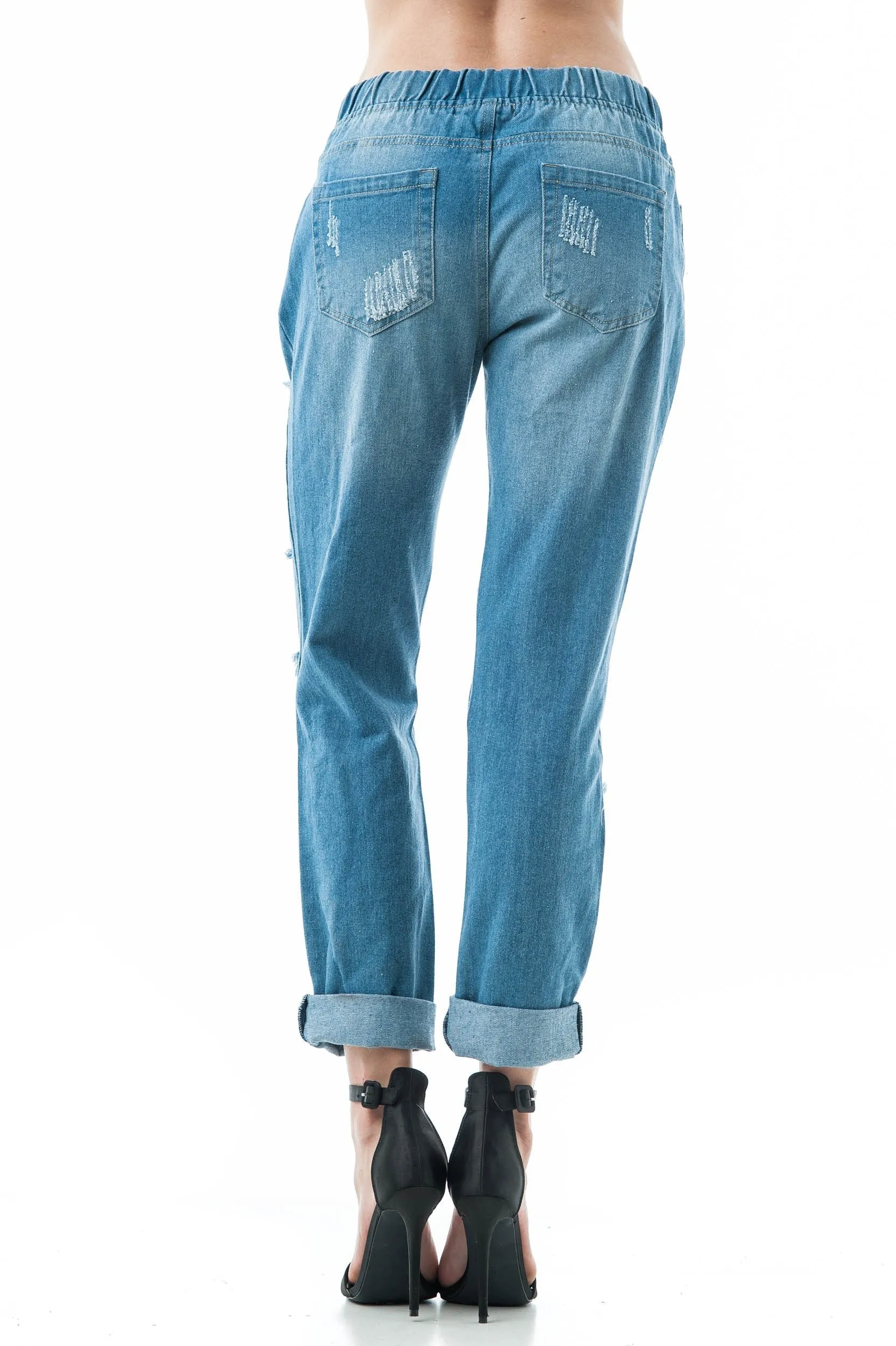 Drawstring Waist Ripped Distressed Loose Fit Boyfriend Jeans