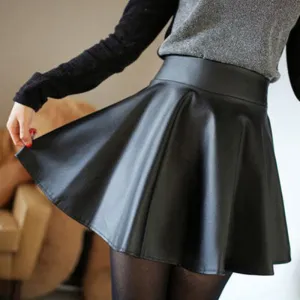 High Waist PU Skirt Slim Look Pleated Matching Skirt Elastic Plus Size Women Skirt