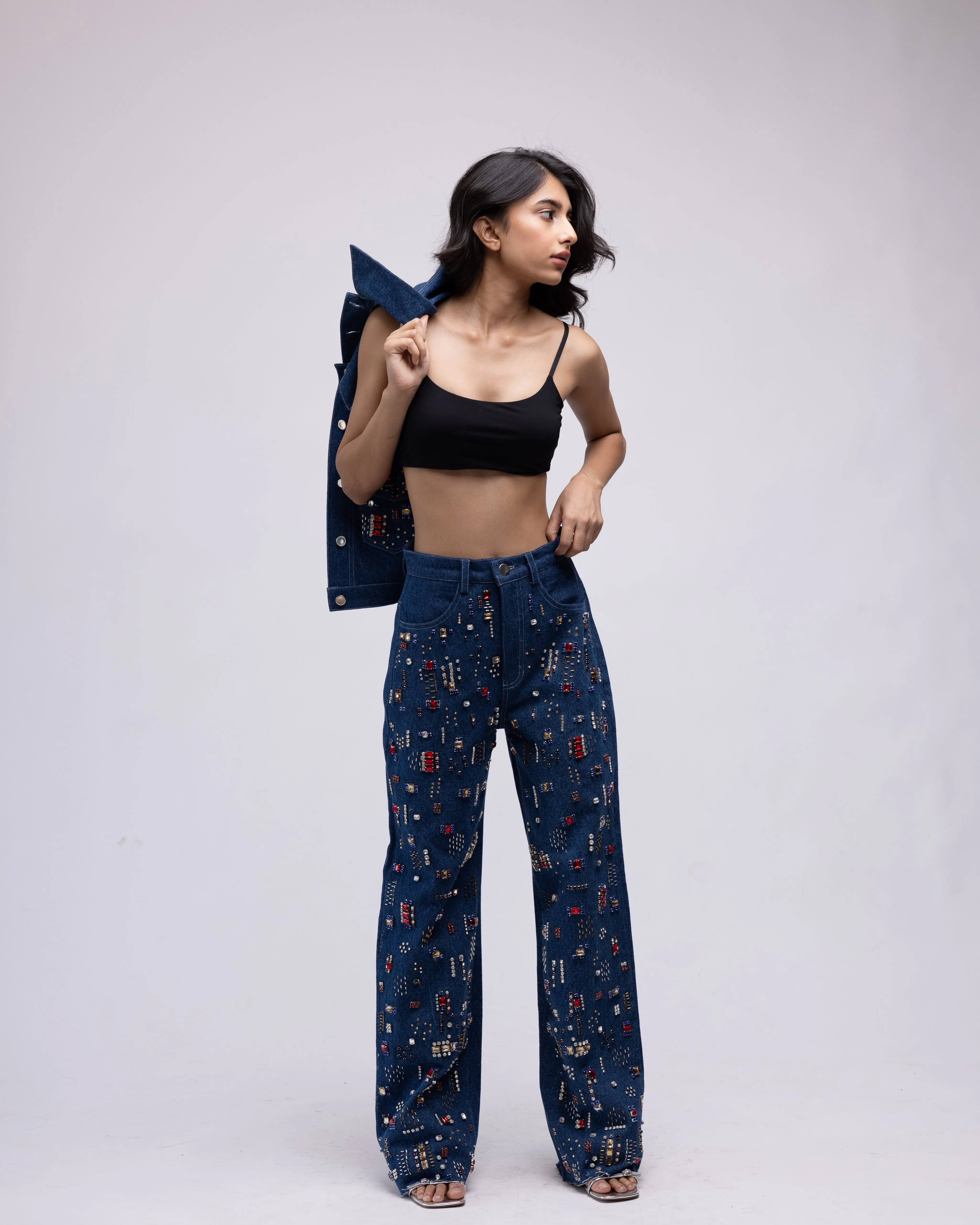 High-waisted multi-embellished denim jeans