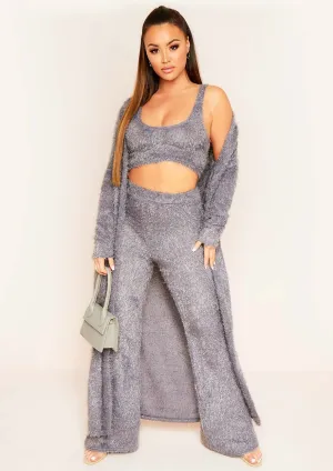 Kara Grey Fluffy Knit Pocket Front Maxi Cardigan