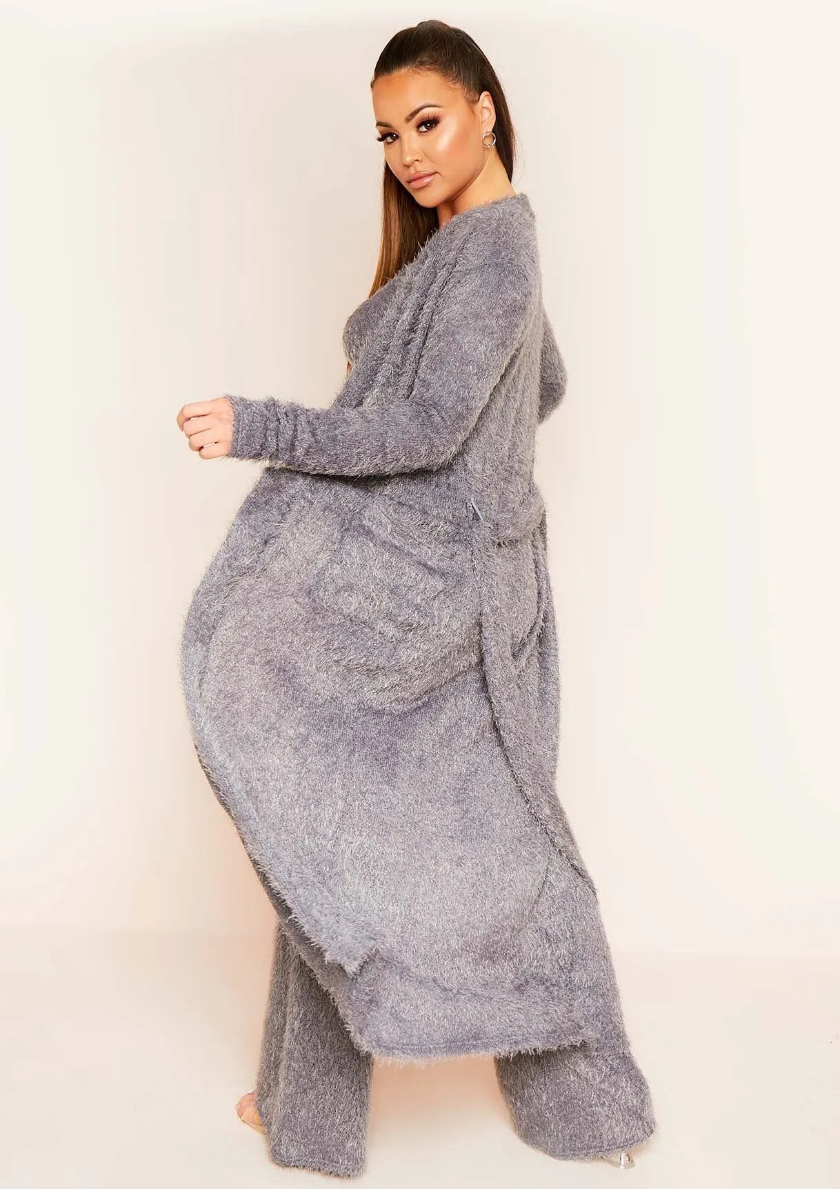 Kara Grey Fluffy Knit Pocket Front Maxi Cardigan