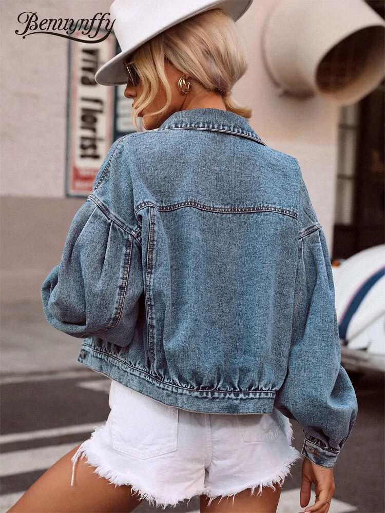 Lantern Sleeve Denim Jacket