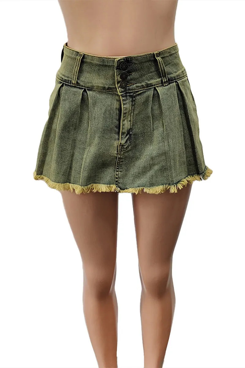 PE874 Denim Pleated Frayed Culotte Shorts