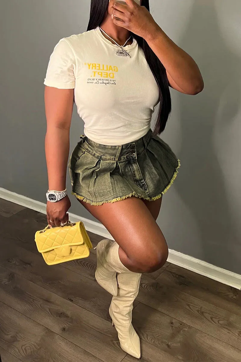 PE874 Denim Pleated Frayed Culotte Shorts