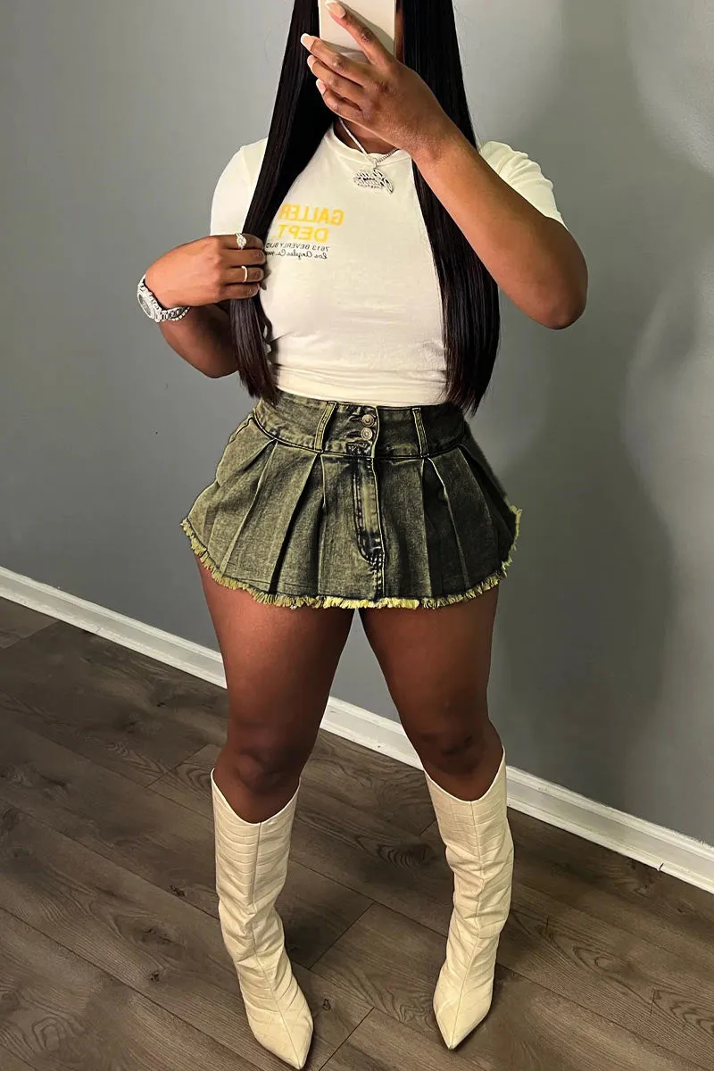 PE874 Denim Pleated Frayed Culotte Shorts