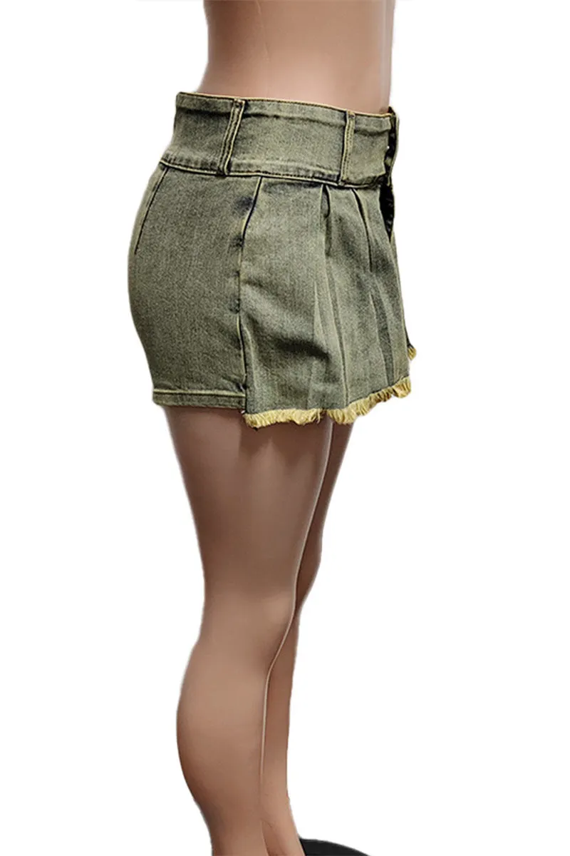 PE874 Denim Pleated Frayed Culotte Shorts