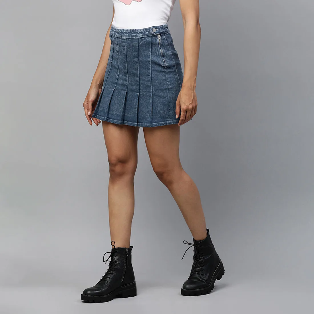 Pleated Denim Mini Skirt