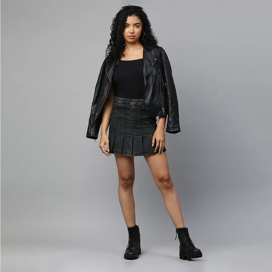 Pleated Denim Mini Skirt