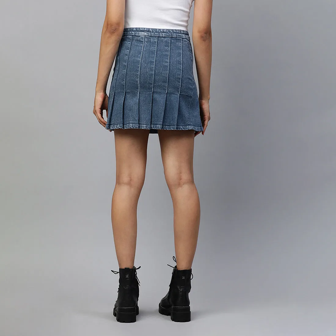Pleated Denim Mini Skirt