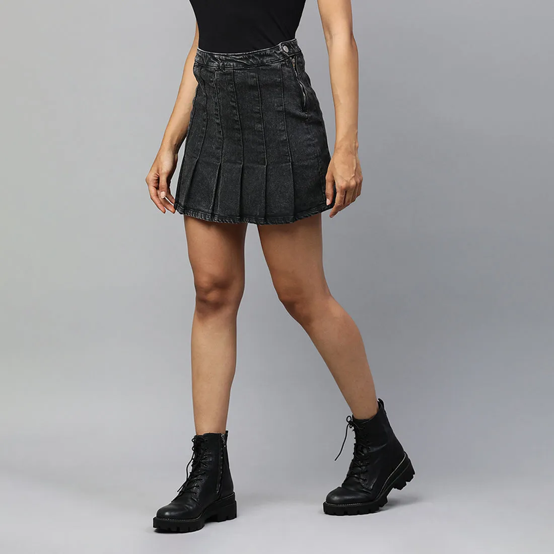 Pleated Denim Mini Skirt