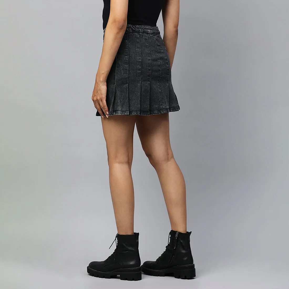 Pleated Denim Mini Skirt