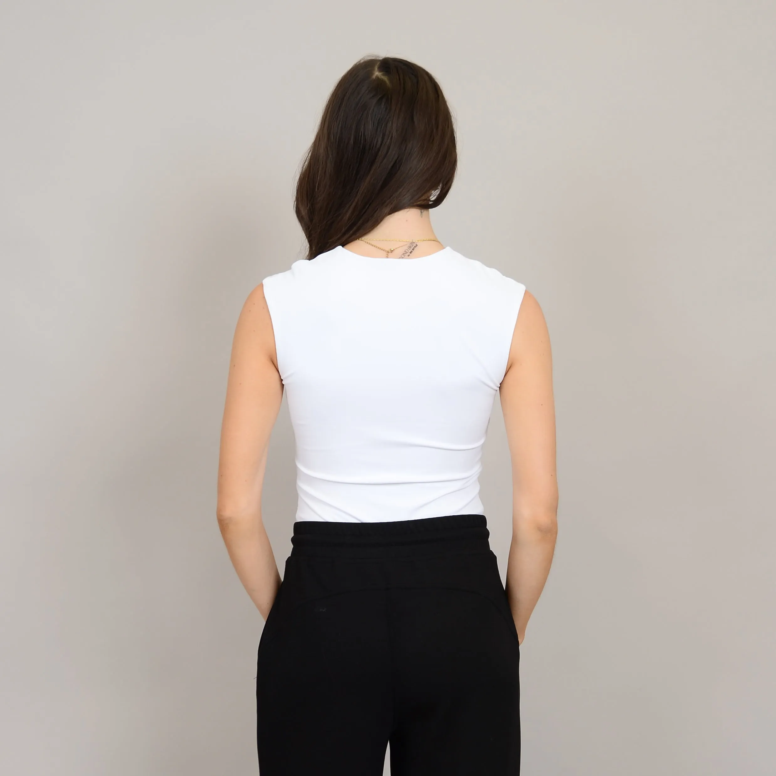 SECOND SKIN BY RD STYLE WOMEN'S ROXI SLEEVELESS CREWNECK BODYSUIT-  WHITE