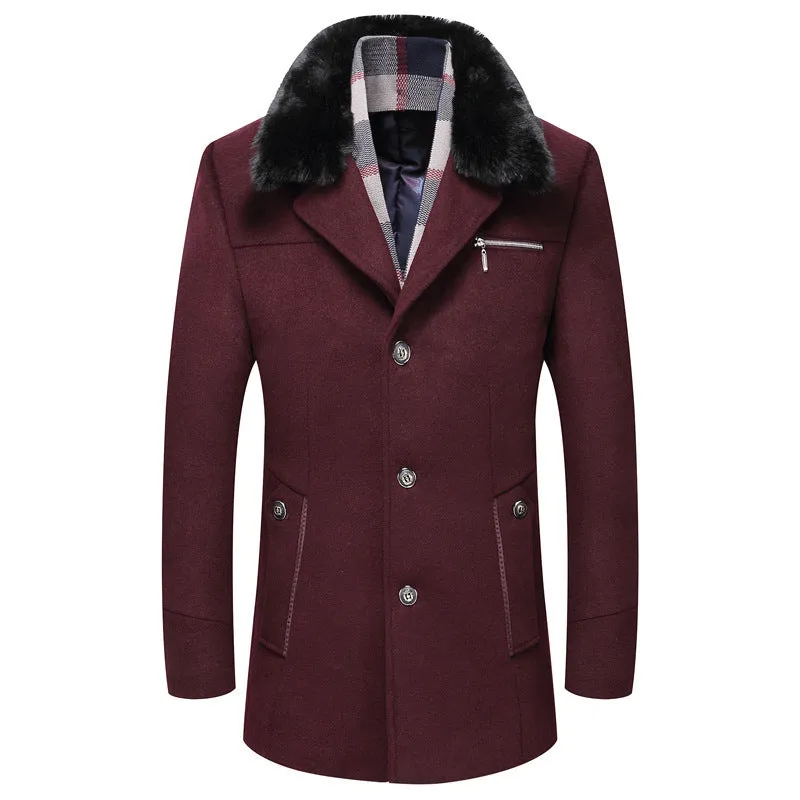 Single-Breasted Men's Wool Coat with Fur Collar and Plush Lining