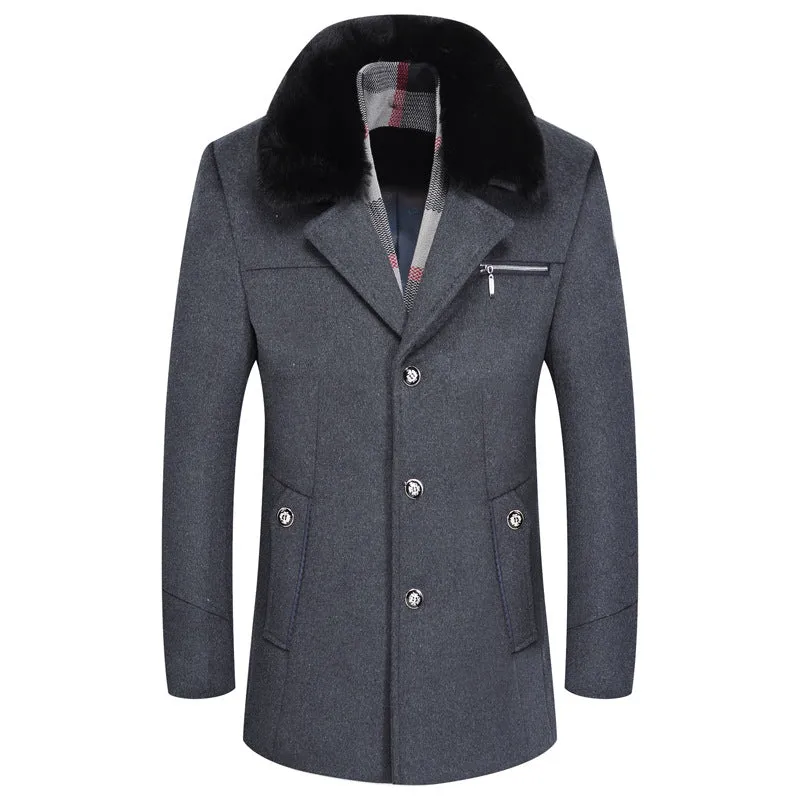 Single-Breasted Men's Wool Coat with Fur Collar and Plush Lining