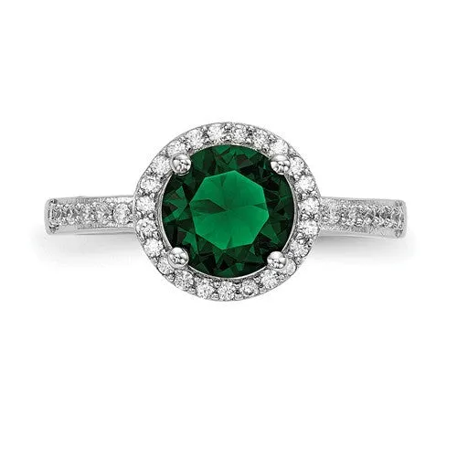 Sterling Silver White & Green CZ Brilliant Embers Halo Ring