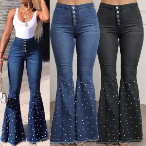 Stretch Cowboy Jeans Casual Beaded Bell-bottom Pants
