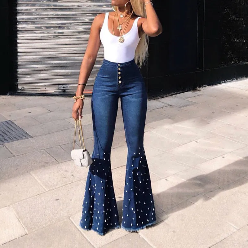Stretch Cowboy Jeans Casual Beaded Bell-bottom Pants