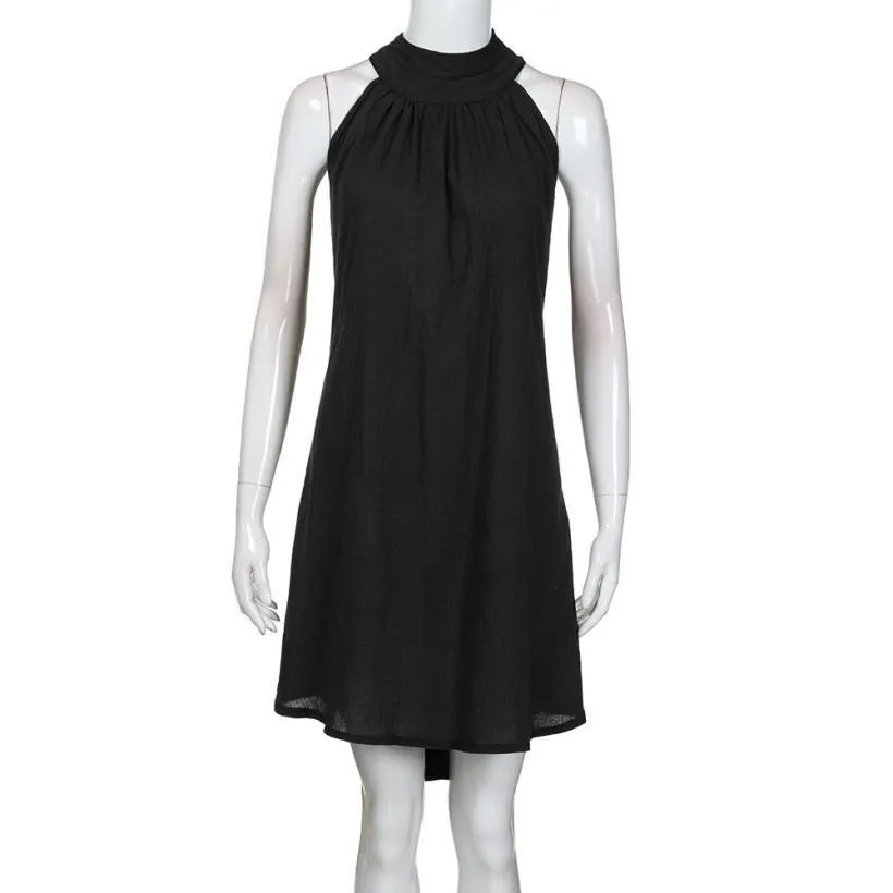 Summer women's popular round neck pleated cotton linen vest dress