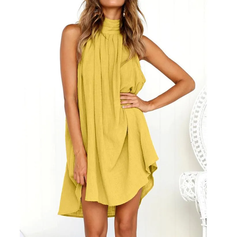 Summer women's popular round neck pleated cotton linen vest dress