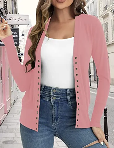 Traleubie Women's Long Sleeve V-Neck Maternity Button Down Shirts Cardigan Sweater Pink M